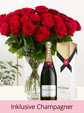 30 Rote Rosen mit Champagner 0,75l