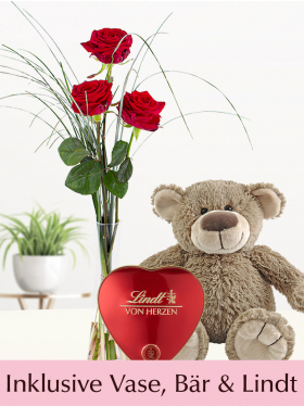 Drei rote Rosen inklusive Vase, Bär und Lindt Herz