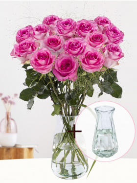 Pinker Rosenstrauß mit Panicum + Gratis Glasvase
