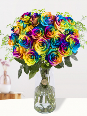 Regenbogen Rosen mit Schleierkraut